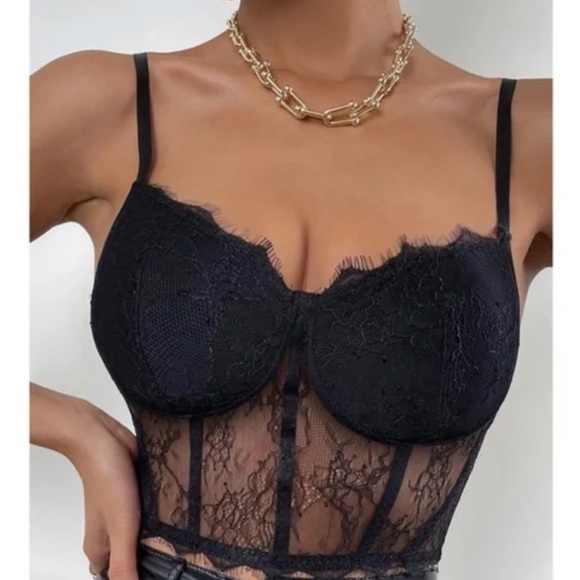 Boho black floral lace corset bralette cami crop top - Picture 1 of 7